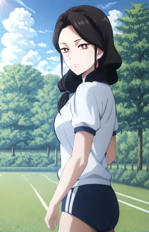 score_7_up, BREAK source_anime, RRukaV4XL, 1girl, solo, looking at viewer, bright pupils, hair over shoulder, milf, gym uniform, day, clouds, from side, outdoors, (running), <lora:RRukaV4XL:0.9>