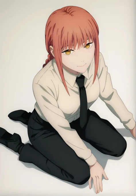 score_7_up, BREAK source_anime, Makima, makima (chainsaw man), 1girl, solo, looking at viewer, slight smile, pink hair, braid, yellow eyes, medium breasts, collared shirt, black necktie, black pants, simple background, white backgroud, sitting, on knees, full body, from above, close-up, <lora:MakimaXLpony001:0.85>