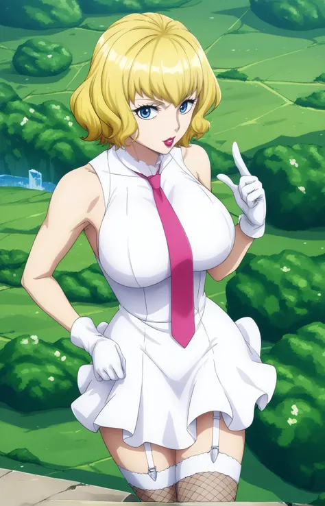score_7_up, BREAK source_anime, stussy, blue eyes, blonde hair, short hair, lipstick, large breasts, white dress, sleeveless, pink necktie, garter straps, white gloves, fishnet white thighhighs, <lora:Stussy-PonyXL-lora-Faxtron:0.85>