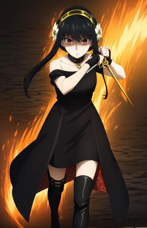 score_7_up, BREAK source_anime, YorForger, 1girl, solo, looking at viewer, black hair, red eyes, short hair with long locks, gold hairband, hair flower, black choker, black dress, sleeveless, off shoulder, floral print, fingerless gloves, black footwear, (thigh high heel boots:1.2), fighting stance, holding dagger, shaded face, <lora:YorForgerXLpony004:0.95>