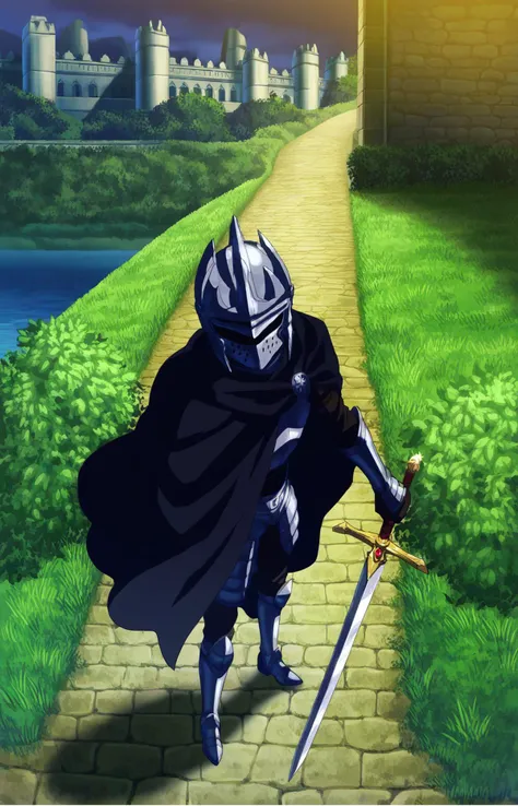 score_7_up, BREAK source_anime, 1boy, dark knight, (helmet), black cape, holding sword, from above, looking at viewer, castle, road, river, night, moon