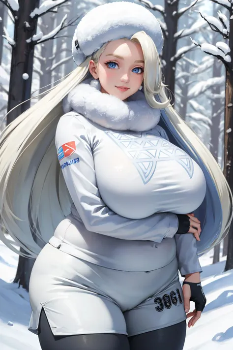 masterpiece, best quality, <lora:melony-nvwls-v1-000009:0.9> pkmnmelony, fur hat, white scarf, white sweater, white shorts, leggings, single glove, upper body, winter, snow, alpine forest, thick thighs, huge breasts, looking at viewer, smile