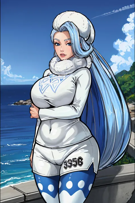 (masterpiece, best quality:1.2), 1girl, solo, looking at viewer, <lora:dickhammersmith:0.95>, dickhammersmith, <lora:melony-nvwls-v1:0.95>, pkmnMelony, fur hat, white scarf, white sweater, white shorts, leggings, huge breasts, very long hair
