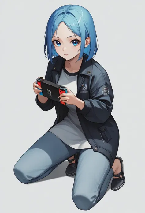 score_9, score_8_up, score_7_up, source_anime BREAK 1girl, solo, simple background, white background,
<lora:nikke-style-poses-richy-v1_pdxl:1> nikkecrouching, full body, kneeling, looking at viewer, nintendo switch, holding controller, blue hair, blue eyes, dress, pants, jacket