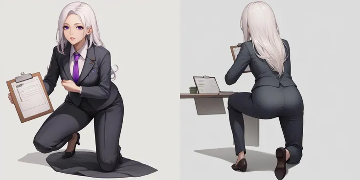 score_9, score_8_up, score_7_up, source_anime BREAK 1girl, solo, simple background, white background,
<lora:nikke-style-poses-richy-v1_pdxl:1> {nikkecrouching, full body, squatting, purple eyes, looking at viewer, necktie, parted lips, clipboard|nikkeaiming, full body, from behind, facing away, one knee, clipboard}
office lady, suit, pants, white hair, long hair