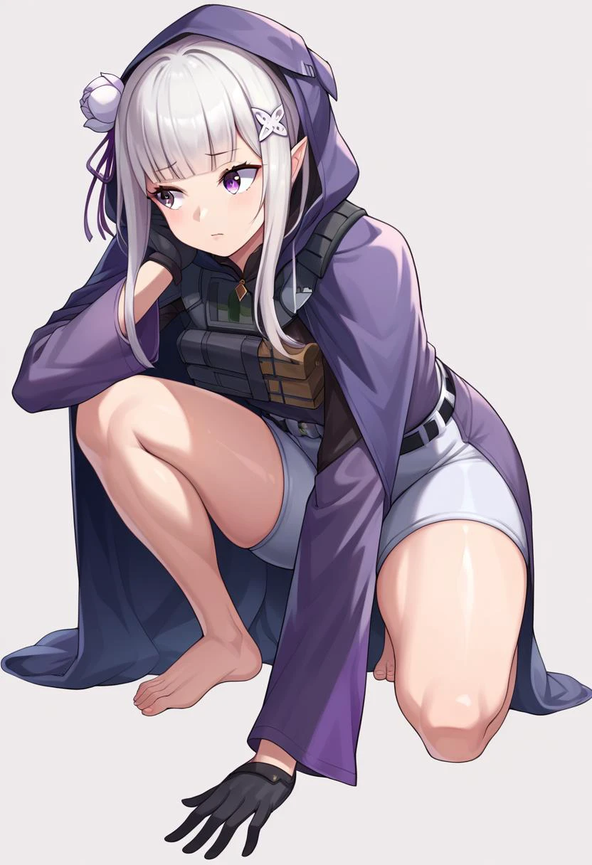 score_9, score_8_up, score_7_up, score_6_up,
BREAK
source_anime,
white background, simple background,
BREAK
1girl, solo,
<lora:nikke-style-poses-richy-v1_pdxl:0.8>,nikkecrouching, full body, looking to the side, on one knee,
<lora:emilia_v0.0.1:0.9>, emilia, re:zero,
bare legs, barefoot,
shiny skin,
skindentation,
BREAK
<lora:d-nikke-richy-v1_pdxl:0.8>, ddef, blunt bangs, hooded cloak, grey shorts, tactical clothes, gloves, long sleeves, belt,