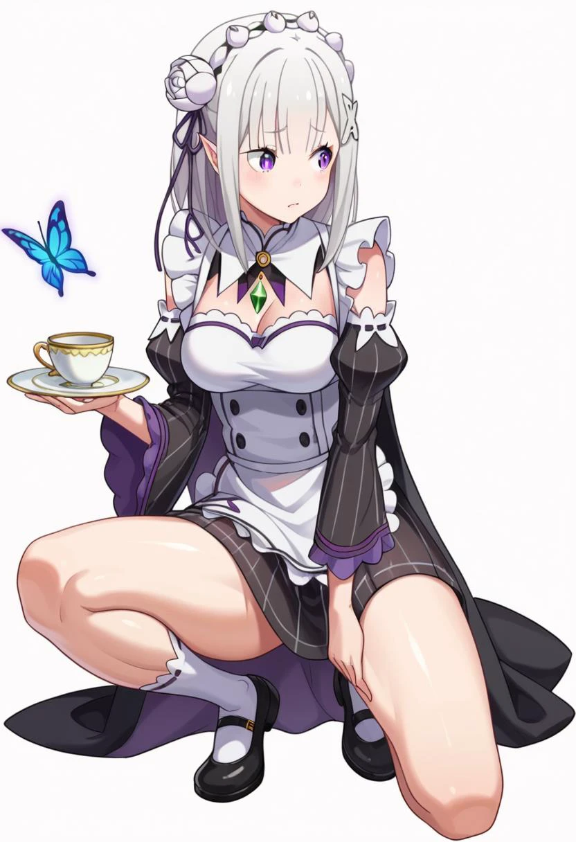 score_9, score_8_up, score_7_up, score_6_up,
BREAK
source_anime,
white background, simple background,
BREAK
1girl, solo,
<lora:nikke-style-poses-richy-v1_pdxl:0.9>,
nikkecrouching, full body, looking to the side, on one knee, elf,
<lora:emilia:0.8>, emilia \(re:zero\),
shiny skin, skindentation,
BREAK
black cape, black dress,
butterfly hair ornament, butterfly, layered dress,
vertical-striped_clothes, vertical-striped dress,
maid, maid headdress, maid_apron, mary janes,
striped dress, striped clothes,
holding cup, teacup,
