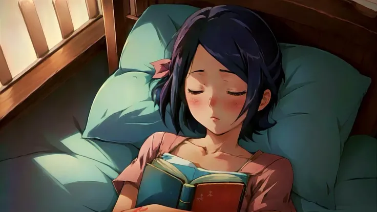 masterpiece,best quality, anime coloring, 1girl,Haruka_Kaminogi, hair ribbon, sleeping, bed, book, closed eyes, from above,
<lora:NoeinV1.5:1>