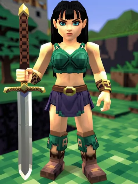 <lora:PlayStation_1_LoRA:1>,  xena the warrior Princess, depicted in minecraft, holding a medium sword, in the style of a PlayStation 1 graphics