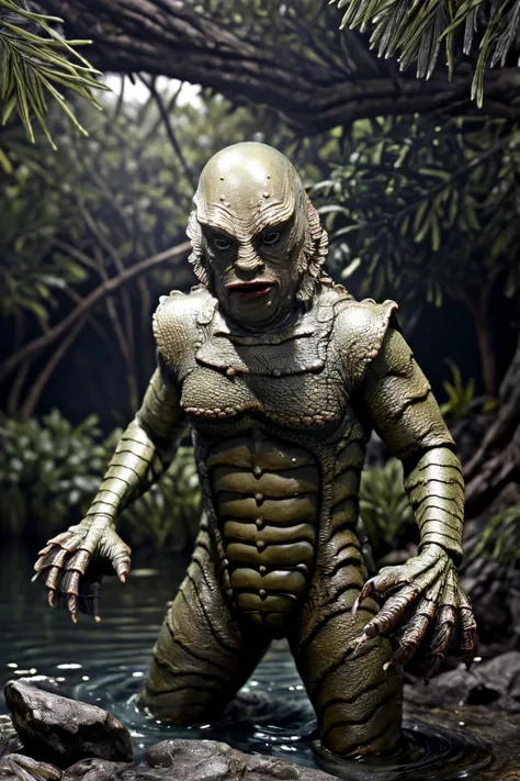 (masterpiece:1.2), (best quality:1.2), (detailed:1.2), close up of gillman, <lora:gillman:1>, in a in a lake, trees, rocks, high detail skin, natural skin texture, uhd, hdr, photon mapping, radiosity, 8k, subsurface scattering, absurdres, deep shadow, sharp focus, volumetric lighting, film grain, <lora:epi_noiseoffset2:0.5>