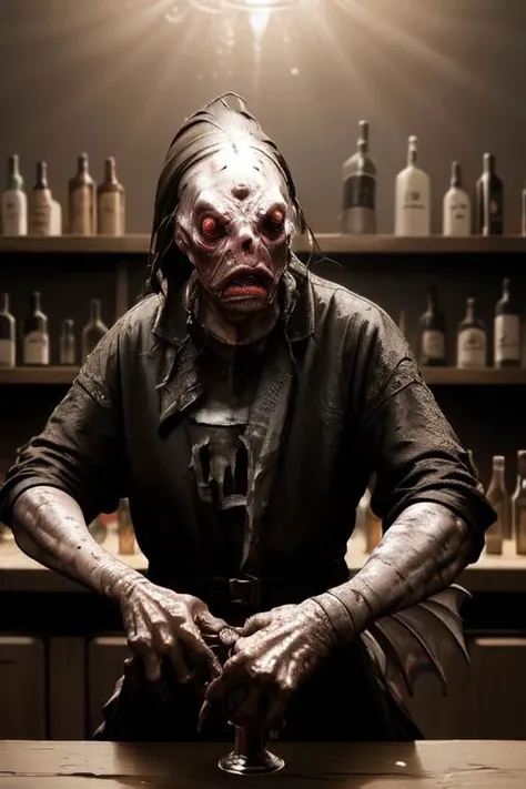 orcx-uruks, masterpiece, best quality, a female (deep1hybrid:1.2) bartender standing behind a bar, portrait, indoors, black dress, large eyes, gills, upper body <lora:deepone-beta1-000012:1.2>, gillman