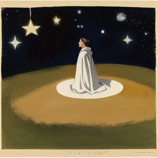a mystic (wearing a robe), sitting in a glowing and floating circle surrounded by stars and space EdwardHopperEmbed