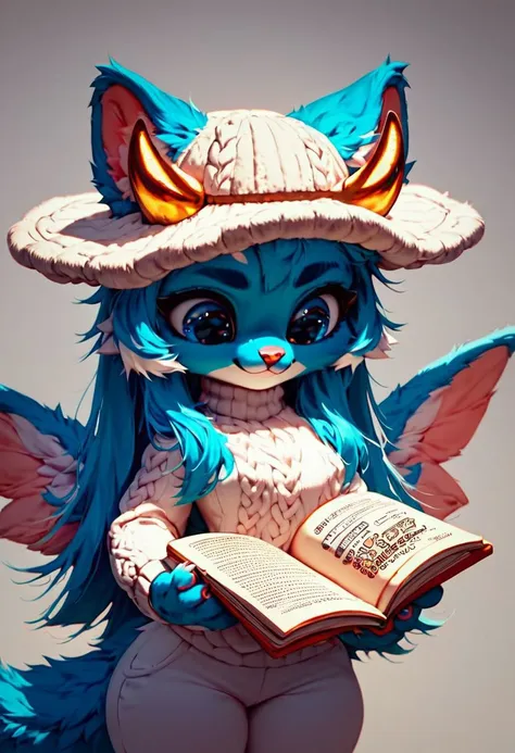 score_9, score_8_up, score_8, blue furry, short stack sweet nerdy girl, cute adorable face, realism, wild shredded long hair, glossy skin,, big furry tail, wings, white neck fur, white mid riff sweater, giant golden horns, white fuzzy hat, white pants, studying for test, losing her mind, rage