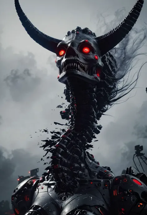 score_9, score_8_up, score_8, insanely detailed epic mech suit, battle, cinematic, close up of demonic glowing mech robot, , surrounded by black neon smoke, black smoke, horns, cleavage, mechanical, mechanical jaw, long wild robotic hair, long massive hair, big metal jagged jaw, close up, view from side, (animalistic:1.2), Real metal look, big metal eyes, covert, sneaky, scary, horrific, long tail, destroyed city, above humans, (realism:1.2)