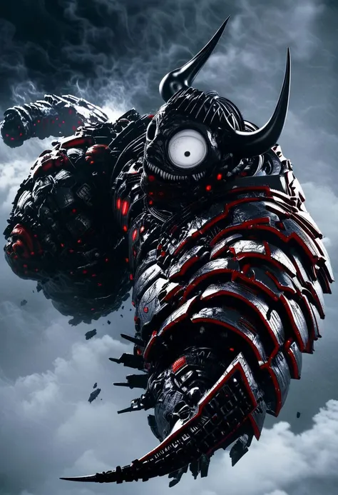 score_9, score_8_up, score_8, insanely detailed epic mech suit, battle, cinematic, close up of demonic glowing mech robot, , surrounded by black neon smoke, black smoke, horns, cleavage, mechanical, mechanical jaw, long wild robotic hair, long massive hair, big metal jagged jaw, close up, view from side, (animalistic:1.2), Real metal look, big metal eyes, covert, sneaky, scary, horrific, long tail, destroyed city, above humans, thick thighs, wide hips, gearfour, cleavage,
