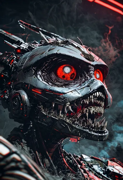 score_9, score_8_up, score_8, insanely detailed epic mech suit, battle, cinematic, close up of demonic glowing mech robot, , surrounded by black neon smoke, black smoke, horns, cleavage, mechanical, mechanical jaw, long wild robotic hair, long massive hair, big metal jagged jaw, close up, view from side, (animalistic:1.2), Real metal look, big metal eyes, covert, sneaky, scary, horrific, long tail, destroyed city, above humans