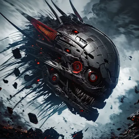 score_9, score_8_up, score_8, insanely detailed epic mech suit, battle, cinematic, close up of demonic glowing mech robot, , surrounded by black neon smoke, black smoke, horns, cleavage, mechanical, mechanical jaw, long wild robotic hair, long massive hair, big metal jagged jaw, close up, view from side, (animalistic:1.2), Real metal look, big metal eyes, covert, sneaky, scary, horrific, long tail, destroyed city, above humans
