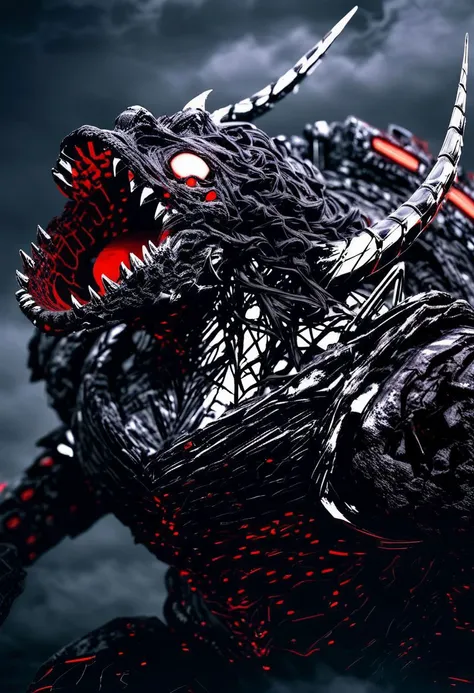 score_9, score_8_up, score_8, insanely detailed epic mech suit, battle, cinematic, close up of demonic glowing mech robot, , surrounded by black neon smoke, black smoke, horns, cleavage, mechanical, mechanical jaw, long wild robotic hair, long massive hair, big metal jagged jaw, close up, view from side, (animalistic:1.2), Real metal look, big metal eyes, covert, sneaky, scary, horrific, long tail, destroyed city, above humans, thick thighs, wide hips, gearfour, cleavage,