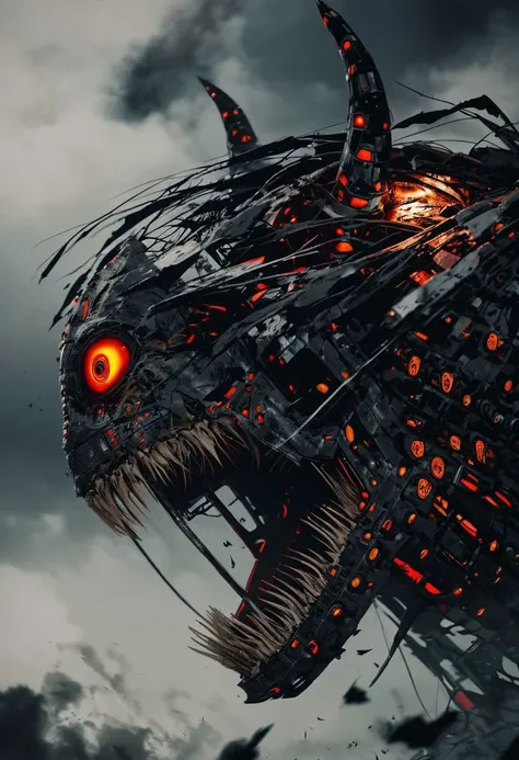score_9, score_8_up, score_8, insanely detailed epic mech suit, battle, cinematic, close up of demonic glowing mech robot, , surrounded by black neon smoke, black smoke, horns, cleavage, mechanical, mechanical jaw, long wild robotic hair, long massive hair, big metal jagged jaw, close up, view from side, (animalistic:1.2), Real metal look, big metal eyes, covert, sneaky, scary, horrific, long tail, destroyed city, above humans