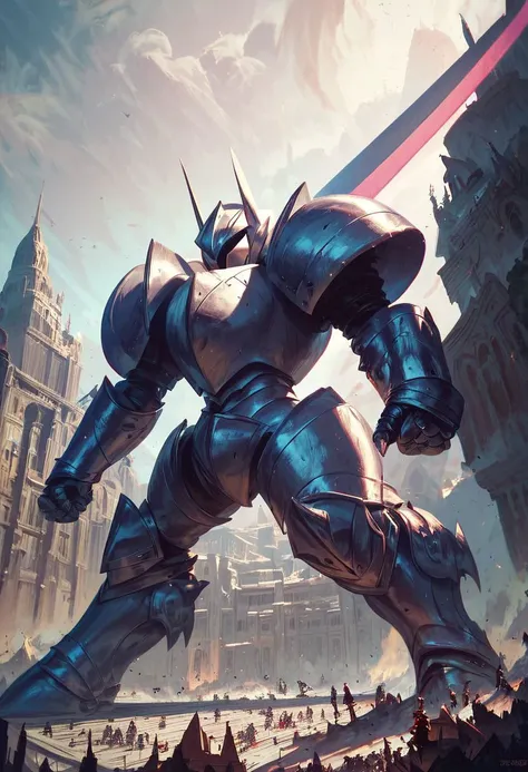 score_9, score_8_up, score_8, insanely detailed epic mega knight, giant heavy sword swinging into building, giant building, angry knight, cinematic view, dynamic lighting, (focus giant mega knight), (european armored knight:1.3), epic, detailed knight, realism