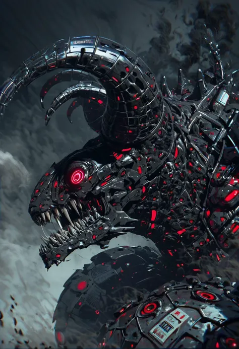 score_9, score_8_up, score_8, insanely detailed epic mech suit, battle, cinematic, close up of demonic glowing mech robot, , surrounded by black neon smoke, black smoke, horns, cleavage, mechanical, mechanical jaw, long wild robotic hair, long massive hair, big metal jagged jaw, close up, view from side, (animalistic:1.2), Real metal look, big metal eyes, covert, sneaky, scary, horrific, long tail, destroyed city, above humans, thick thighs, wide hips
