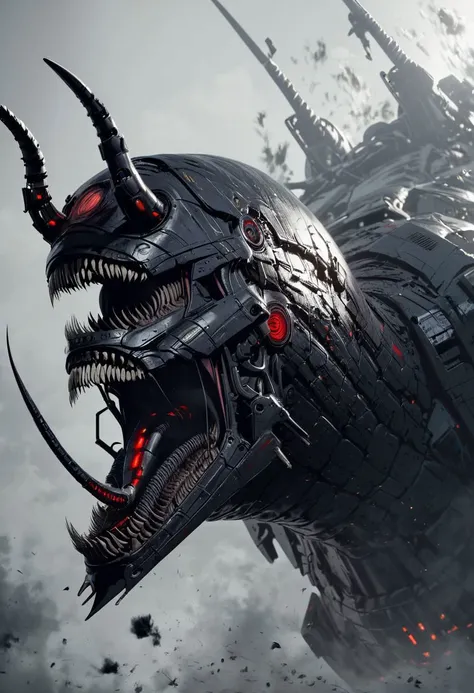 score_9, score_8_up, score_8, insanely detailed epic mech suit, battle, cinematic, close up of demonic glowing mech robot, , surrounded by black neon smoke, black smoke, horns, cleavage, mechanical, mechanical jaw, long wild robotic hair, long massive hair, big metal jagged jaw, close up, view from side, (animalistic:1.2), Real metal look, big metal eyes, covert, sneaky, scary, horrific, long tail, destroyed city, above humans, thick thighs, wide hips