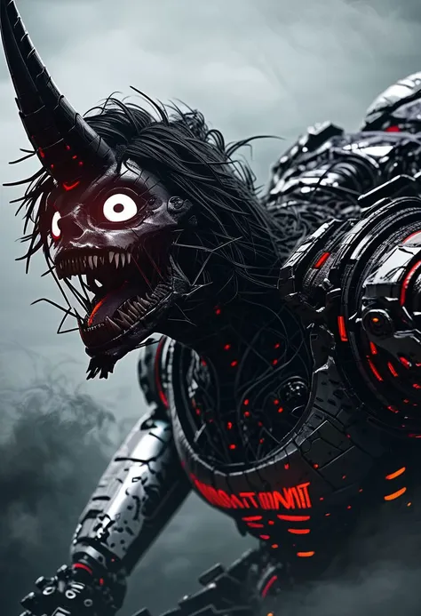 score_9, score_8_up, score_8, insanely detailed epic mech suit, battle, cinematic, close up of demonic glowing mech robot, , surrounded by black neon smoke, black smoke, horns, cleavage, mechanical, mechanical jaw, long wild robotic hair, long massive hair, big metal jagged jaw, close up, view from side, (animalistic:1.2), Real metal look, big metal eyes, covert, sneaky, scary, horrific, long tail, destroyed city, above humans, thick thighs, wide hips
