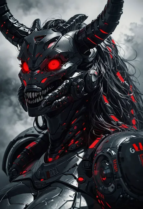 score_9, score_8_up, score_8, insanely detailed epic mech suit, battle, cinematic, close up of demonic glowing mech robot, , surrounded by black neon smoke, black smoke, horns, cleavage, mechanical, mechanical jaw, long wild robotic hair, long massive hair, big metal jagged jaw, close up, view from side, animalistic