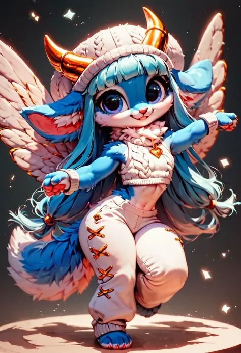 score_9, score_8_up, score_8, blue furry, short stack sweet nerdy girl, cute adorable face, realism, wild shredded long hair, glossy skin,, big furry tail, wings, white neck fur, white mid riff sweater, giant golden horns, white fuzzy hat, white pants, dancing at club