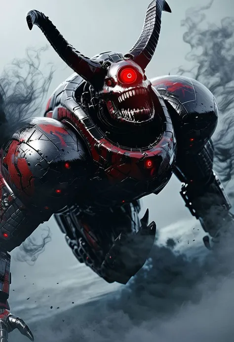 score_9, score_8_up, score_8, insanely detailed epic mech suit, battle, cinematic, close up of demonic glowing mech robot, , surrounded by black neon smoke, black smoke, horns, cleavage, mechanical, mechanical jaw, long wild robotic hair, long massive hair, big metal jagged jaw, close up, view from side, (animalistic:1.2), Real metal look, big metal eyes, covert, sneaky, scary, horrific, long tail, destroyed city, above humans, thick thighs, wide hips