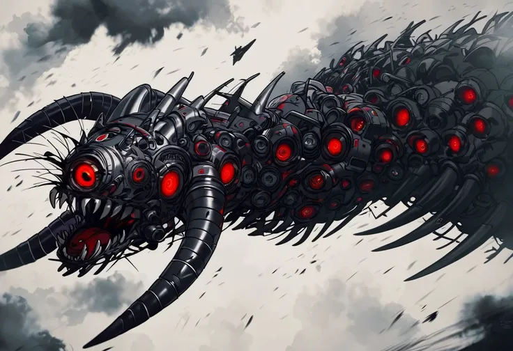 score_9, score_8_up, score_8, insanely detailed epic mech suit, battle, cinematic, close up of demonic glowing mech robot, , surrounded by black neon smoke, black smoke, horns, cleavage, mechanical, mechanical jaw, long wild robotic hair, long massive hair, big metal jagged jaw, close up, view from side, (animalistic:1.2), Real metal look, big metal eyes, covert, sneaky, scary, horrific, long tail, destroyed city, above humans