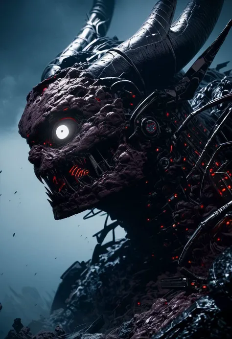 score_9, score_8_up, score_8, insanely detailed epic mech suit, battle, cinematic, close up of demonic glowing mech robot, , surrounded by black neon smoke, black smoke, horns, cleavage, mechanical, mechanical jaw, long wild robotic hair, long massive hair, big metal jagged jaw, close up, view from side, (animalistic:1.2), Real metal look, big metal eyes, covert, sneaky, scary, horrific, long tail, destroyed city, above humans, thick thighs, wide hips