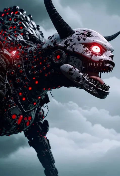 score_9, score_8_up, score_8, insanely detailed epic mech suit, battle, cinematic, close up of demonic glowing mech robot, , surrounded by black neon smoke, black smoke, horns, cleavage, mechanical, mechanical jaw, long wild robotic hair, long massive hair, big metal jagged jaw, close up, view from side, (animalistic:1.2), Real metal look, big metal eyes, covert, sneaky, scary, horrific, long tail, destroyed city, above humans, thick thighs, wide hips