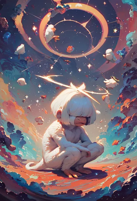 score_9, score_8_up, score_8, white furry monkey, bob cut, over eyes, monkey face, dragon scales, white tail, squatting, chicken feet, massive ears, halo, white sparkles, realism, chaotic spatial cosmic unholy tear in space and time behind monkey, cosmic explosion