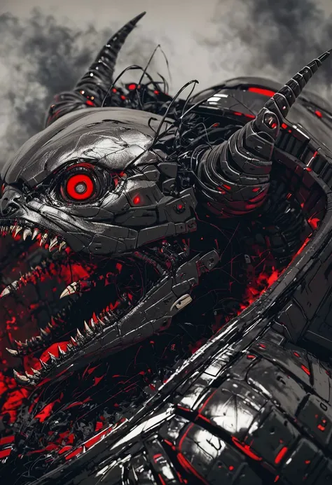 score_9, score_8_up, score_8, insanely detailed epic mech suit, battle, cinematic, close up of demonic glowing mech robot, , surrounded by black neon smoke, black smoke, horns, cleavage, mechanical, mechanical jaw, long wild robotic hair, long massive hair, big metal jagged jaw, close up, view from side, (animalistic:1.2), Real metal look, big metal eyes, covert, sneaky, scary, horrific, long tail, destroyed city, above humans