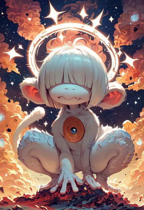 score_9, score_8_up, score_8, white furry monkey, bob cut, over eyes, monkey face, dragon scales, white tail, squatting, chicken feet, massive ears, halo, white sparkles, one eye covered, one eye not covered, realism, chaotic spatial cosmic unholy tear in space and time behind monkey, cosmic explosion, Giant Rifle in left hand, pickle in left hand