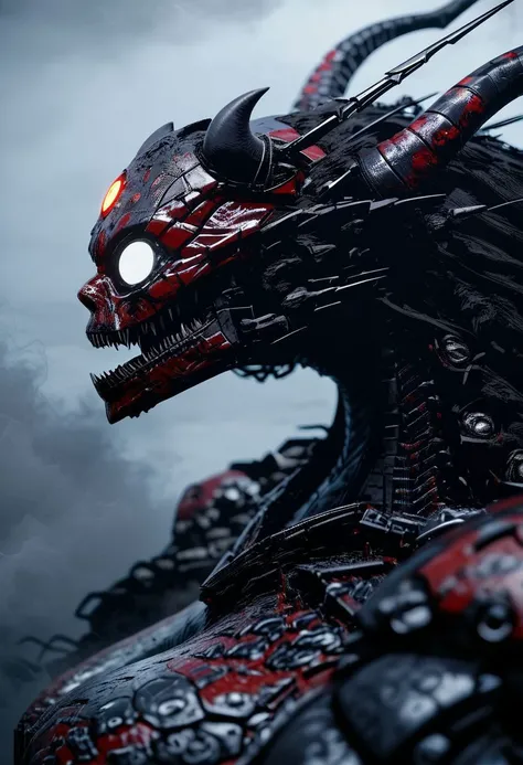 score_9, score_8_up, score_8, insanely detailed epic mech suit, battle, cinematic, close up of demonic glowing mech robot, , surrounded by black neon smoke, black smoke, horns, cleavage, mechanical, mechanical jaw, long wild robotic hair, long massive hair, big metal jagged jaw, close up, view from side, (animalistic:1.2), Real metal look, big metal eyes, covert, sneaky, scary, horrific, long tail, destroyed city, above humans, thick thighs, wide hips