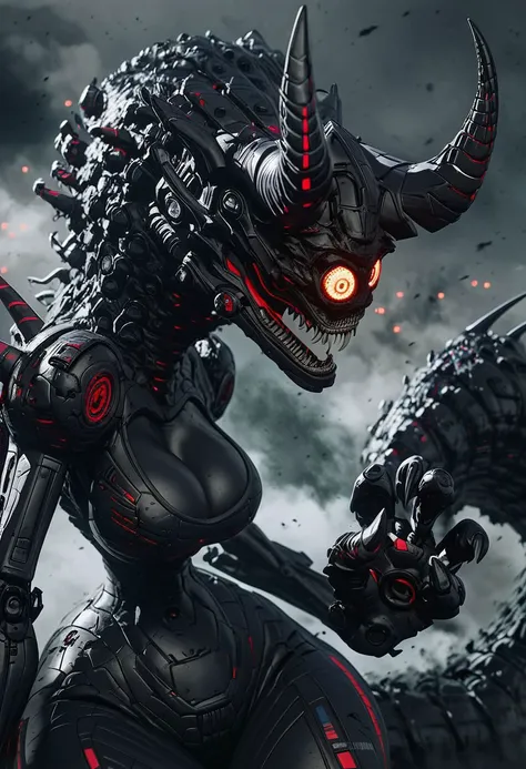 score_9, score_8_up, score_8, insanely detailed epic mech suit, battle, cinematic, close up of demonic glowing mech robot, , surrounded by black neon smoke, black smoke, horns, cleavage, mechanical, mechanical jaw, long wild robotic hair, long massive hair, big metal jagged jaw, close up, view from side, (animalistic:1.2), Real metal look, big metal eyes, covert, sneaky, scary, horrific, long tail, destroyed city, above humans, thick thighs, wide hips, gearfour, cleavage, claw hands, jaw, HD, High Quality image, upscaled, enhanced