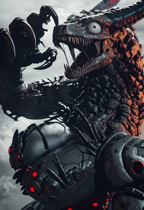 score_9, score_8_up, score_8, insanely detailed epic mech suit, battle, cinematic, close up of demonic glowing mech robot, , surrounded by black neon smoke, black smoke, horns, cleavage, mechanical, mechanical jaw, long wild robotic hair, long massive hair, big metal jagged jaw, close up, view from side, (animalistic:1.2), Real metal look, big metal eyes, covert, sneaky, scary, horrific, long tail, destroyed city, above humans, thick thighs, wide hips, gearfour, cleavage, claw hands, jaw, HD, High Quality image, upscaled, enhanced