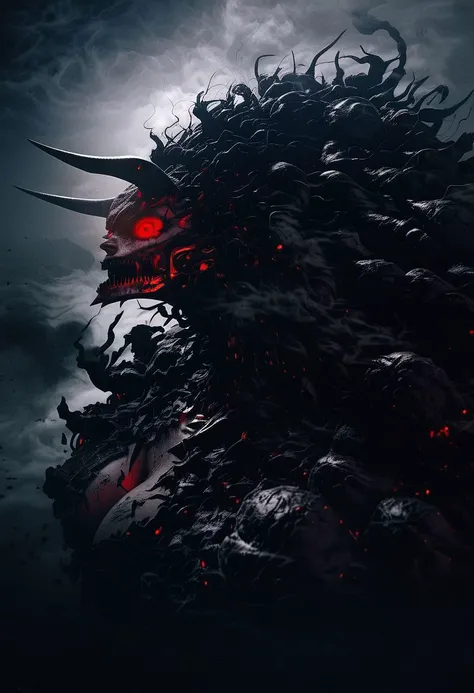 score_9, score_8_up, score_8, insanely detailed epic mech suit, battle, cinematic, close up of demonic glowing mech robot, , surrounded by black neon smoke, black smoke, horns, cleavage, mechanical, mechanical jaw, long wild robotic hair, long massive hair, big metal jagged jaw, close up, view from side, (animalistic:1.2), Real metal look, big metal eyes, covert, sneaky, scary, horrific, long tail, destroyed city, above humans, thick thighs, wide hips, gearfour, cleavage,