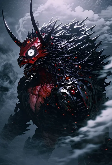 score_9, score_8_up, score_8, insanely detailed epic mech suit, battle, cinematic, close up of demonic glowing mech robot, , surrounded by black neon smoke, black smoke, horns, cleavage, mechanical, mechanical jaw, long wild robotic hair, long massive hair, big metal jagged jaw, close up, view from side, (animalistic:1.2), Real metal look, big metal eyes, covert, sneaky, scary, horrific, long tail, destroyed city, above humans, thick thighs, wide hips, gearfour, cleavage