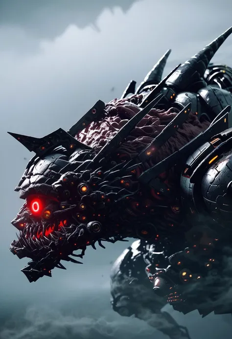 score_9, score_8_up, score_8, insanely detailed epic mech suit, battle, cinematic, close up of demonic glowing mech robot, , surrounded by black neon smoke, black smoke, horns, cleavage, mechanical, mechanical jaw, long wild robotic hair, long massive hair, big metal jagged jaw, close up, view from side, (animalistic:1.2), Real metal look, big metal eyes, covert, sneaky, scary, horrific, long tail, destroyed city, above humans, thick thighs, wide hips