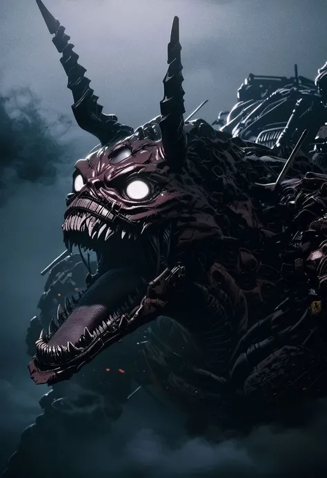 score_9, score_8_up, score_8, insanely detailed epic mech suit, battle, cinematic, close up of demonic glowing mech robot, , surrounded by black neon smoke, black smoke, horns, cleavage, mechanical, mechanical jaw, long wild robotic hair, long massive hair, big metal jagged jaw, close up, view from side, (animalistic:1.2), Real metal look, big metal eyes, covert, sneaky, scary, horrific, long tail, destroyed city, above humans, thick thighs, wide hips
