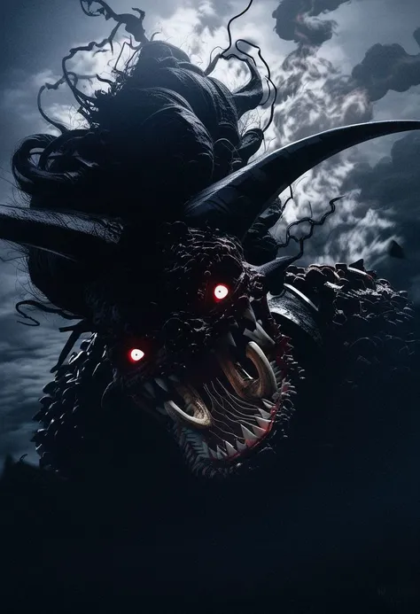 score_9, score_8_up, score_8, insanely detailed epic mech suit, battle, cinematic, close up of demonic glowing mech robot, , surrounded by black neon smoke, black smoke, horns, cleavage, mechanical, mechanical jaw, long wild robotic hair, long massive hair, big metal jagged jaw, close up, view from side, (animalistic:1.2), Real metal look, big metal eyes, covert, sneaky, scary, horrific, long tail, destroyed city, above humans, thick thighs, wide hips