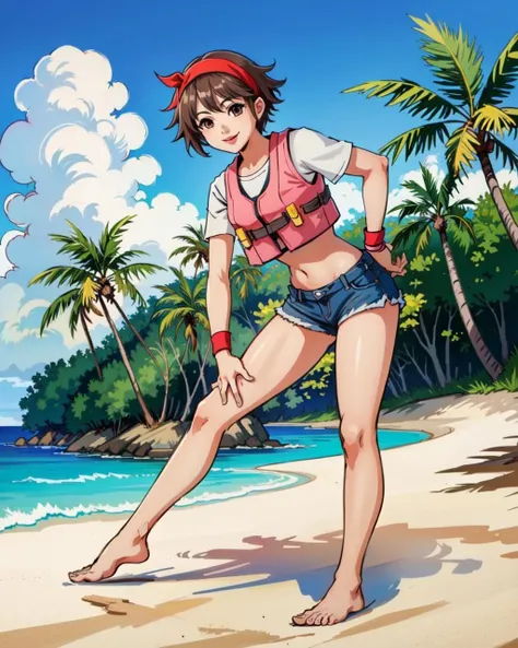 (masterpiece,best quality),1girl,akarih1080,tomboy,red headband,crop top,vest,short shorts,denime shorts,on beach,outdoors,palm trees,full body,barefoot,smiling,  <lora:AkariH1080:0.7>, <lora:LORA-XenoDetailer-v2:0.1>