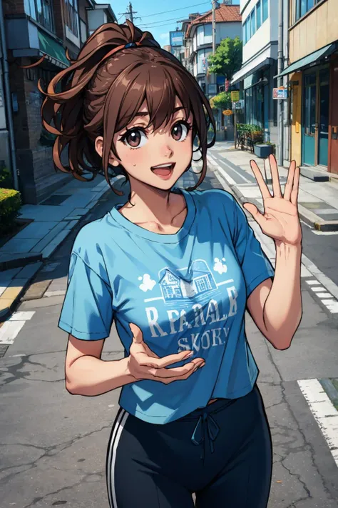 masterpiece, best quality, senomiya akiho, blue t-shirt, black sweatpants, waving, smile, open mouth, happy, house, street <lora:senomiya-nvwls-v1-000010:0.9>