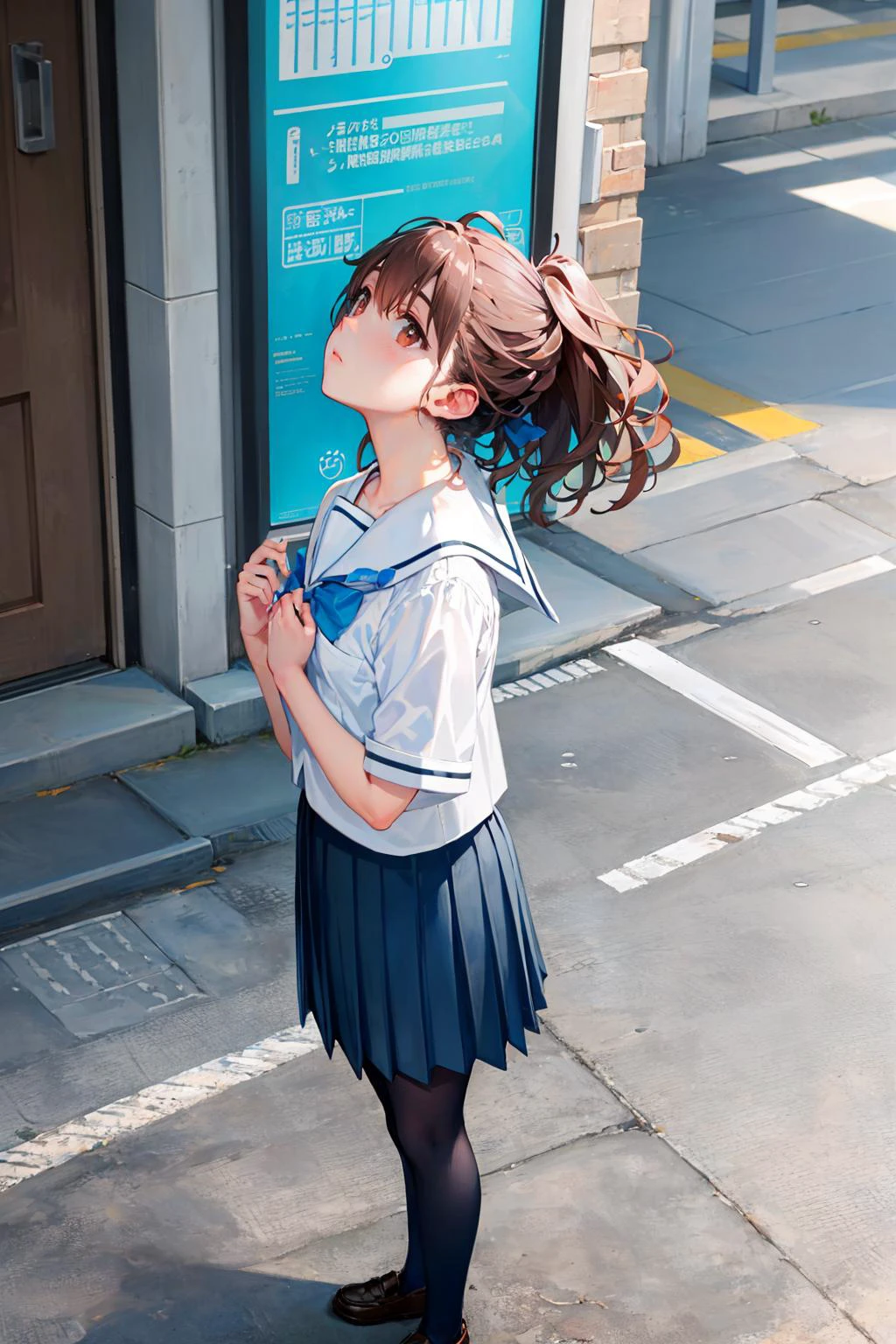 masterpiece, best quality, senomiya akiho, solo, serafuku, blue bow, pleated skirt, blue socks, loafers, from side, standing, (looking up:1.3), sky, clouds, hands to chest <lora:senomiya-nvwls-v1-000010:0.9>