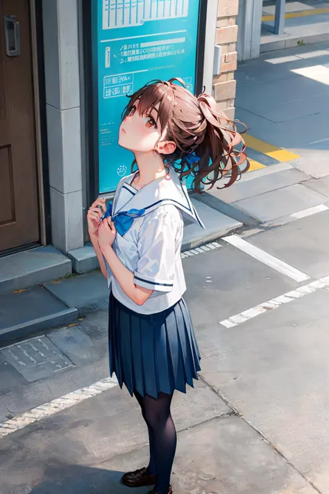 masterpiece, best quality, senomiya akiho, solo, serafuku, blue bow, pleated skirt, blue socks, loafers, from side, standing, (looking up:1.3), sky, clouds, hands to chest <lora:senomiya-nvwls-v1-000010:0.9>