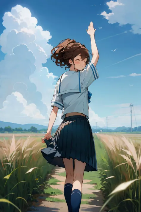 masterpiece, best quality, senomiya akiho, serafuku, pleated skirt, blue socks, loafers, from behind, field, sky, clouds, looking at viewer, smile, closed eyes, happy, furrowed brow, raised arm <lora:senomiya-nvwls-v1-000010:0.9>