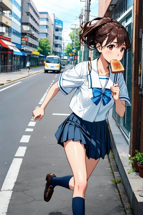 masterpiece, best quality, senomiya akiho, serafuku, blue bow, pleated skirt, blue socks, loafers, city street, running, toast in mouth <lora:senomiya-nvwls-v1-000010:0.9> <lora:toast-nvwls-v1:1>
